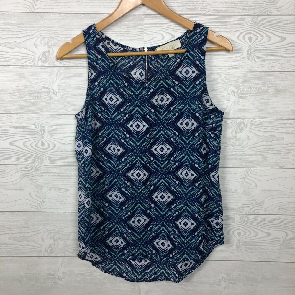 Olive & Oak Women's Small Printed Scoop Neck Tank Top Zip Back Blue White Shirt